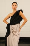 Supria Munjal_Grey Crepe (100% Polyester) Asymmetric One Shoulder Colorblock Draped Gown _at_Aza_Fashions