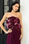 Shop_Supria Munjal_Wine Crepe (100% Polyester) Applique Embroidery 3d Floral Bandeau Tube Gown _Online_at_Aza_Fashions