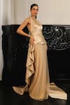 Supria Munjal_Gold Crepe (100% Polyester) Halter Cross Wrap Pleated Gown _Online_at_Aza_Fashions