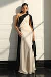 Buy_Supria Munjal_Black Crepe (100% Polyester) Pearl Collar Embellished Color Block Draped Gown _at_Aza_Fashions