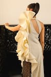 Buy_Supria Munjal_Off White Crepe (100% Polyester) Embellished Sequin Halter Wavy Draped Gown _Online_at_Aza_Fashions