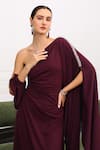 Supria Munjal_Wine Crepe (100% Polyester) Embellished Pearl Asymmetric Draped Gown _at_Aza_Fashions