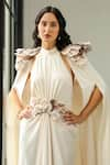 Supria Munjal_Off White Crepe (100% Polyester) Applique Embroidery 3d Floral Gown With Cape _at_Aza_Fashions