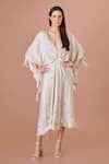 Buy_DILNAZ_Ivory Blended Satin Embroidery Twisted Yoke Asymmetric Kaftan With Draped Skirt _at_Aza_Fashions