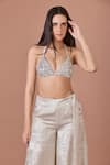 DILNAZ_Silver Net Embroidery Crystals Halter Neck Sequined Bustier _Online_at_Aza_Fashions