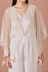 DILNAZ_Beige Net Embroidery Thread V Neck Bloom Kaftan Cape With Jumpsuit _Online_at_Aza_Fashions