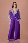 Buy_DILNAZ_Purple Net Embroidery Kasab Thread Plunging Blossom Kaftan Cape With Jumpsuit _at_Aza_Fashions