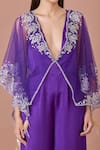 DILNAZ_Purple Net Embroidery Kasab Thread Plunging Blossom Kaftan Cape With Jumpsuit _Online_at_Aza_Fashions