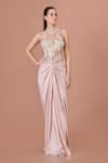 Buy_DILNAZ_Pink Net Embroidery Sequin Halter Neck Florin Gown _at_Aza_Fashions