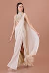 Buy_DILNAZ_Cream Net Embroidery Sequin Halter Neck Pre-draped Slit Saree With Blouse _at_Aza_Fashions