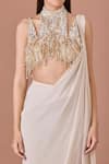 Buy_DILNAZ_Cream Net Embroidery Sequin Halter Neck Pre-draped Slit Saree With Blouse _Online_at_Aza_Fashions