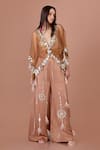 Buy_DILNAZ_Brown Net Embroidery Sequin Plunging V Neck Kaftan _at_Aza_Fashions