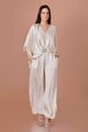 Buy_DILNAZ_Beige Net V Neck Solid Jumpsuit With Kaftan _at_Aza_Fashions