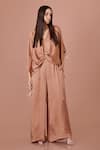 Buy_DILNAZ_Brown Blended Satin V Neck Plain Jumpsuit With Kaftan _at_Aza_Fashions