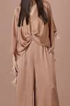 DILNAZ_Brown Blended Satin V Neck Plain Jumpsuit With Kaftan _Online_at_Aza_Fashions