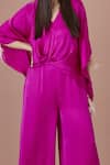 DILNAZ_Purple Blended Satin Embroidered Sequin V Neck Solid Jumpsuit With Work Kaftan _Online_at_Aza_Fashions