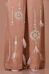 DILNAZ_Brown Blended Linen Embellished Feather Sequined Floral Star Flared Trouser _Online_at_Aza_Fashions