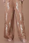 DILNAZ_Brown Blended Linen Embellished Feather Floral Vine Sequin Flared Trouser _Online_at_Aza_Fashions