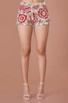 DILNAZ_Red Power Net Embellished Bead Star Sequin Shorts _Online_at_Aza_Fashions