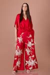 Buy_DILNAZ_Red Blended Linen Embroidered Gara Floral Flared Trouser _at_Aza_Fashions