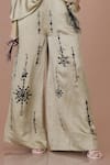 DILNAZ_Green Blended Linen Embellished Crystal Snowflake Flared Trouser _Online_at_Aza_Fashions