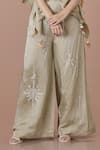 DILNAZ_Green Blended Linen Embellished Crystal Snowflake Flared Trouser _Online_at_Aza_Fashions