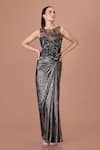 Buy_DILNAZ_Black Foil Embellished Crystal Illusion Draped Textured Gown _at_Aza_Fashions