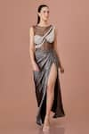 Buy_DILNAZ_Black Foil Embellished Crystal Illusion Sheer Draped Gown _at_Aza_Fashions