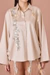 DILNAZ_Beige Blended Cotton Embellished Crystal Shirt Collar Sequin Wave _Online_at_Aza_Fashions