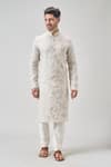 Samyukta Singhania_Gray Linen, Cotton Embroidery Floral Kurta Set _at_Aza_Fashions