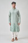 Shop_Arihant Rai Sinha_Green Linen, Cotton Mirrors, Embroidery Floral Kurta And Patiala Set _Online_at_Aza_Fashions