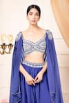 Buy_Kanj by Priyanka A Sakhuja_Blue Flat Chiffon Silk Embroidered Gota Cape Open Haniya Cut Dana Sharara Set 