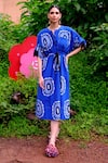 Buy_Jodi_Blue Cotton Poplin Handblock Print Floral Abstract Notch Manakin Dress _at_Aza_Fashions