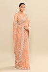 Kalighata_Peach Tissue Embroidery Floral Flower Garden Saree With Unstitched Blouse Piece _at_Aza_Fashions