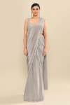 Kalighata_Grey Silk Embroidery Abstract Blouse Mutiny Hand Cape Pre-draped Saree Set _Online_at_Aza_Fashions