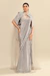 Buy_Kalighata_Grey Silk Embroidery Abstract Blouse Mutiny Hand Cape Pre-draped Saree Set _Online_at_Aza_Fashions