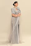 Shop_Kalighata_Grey Silk Embroidery Abstract Blouse Mutiny Hand Cape Pre-draped Saree Set _Online_at_Aza_Fashions