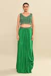 Buy_Kalighata_Green Silk Embroidery Floral Jacket Open Neck Farada Skirt Set _Online_at_Aza_Fashions