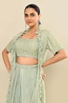 Buy_Kalighata_Blue Silk Embroidery Floral Jacket Open Neck Farada Linear Skirt Set _Online