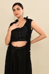 Shop_Kalighata_Black Silk Embroidery Floral Jacket Open Neck Farada Tonal Linear Skirt Set 