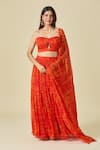 Buy_Samyukta Singhania_Orange Chiffon Print Floral V Neck Lehenga Set _Online_at_Aza_Fashions