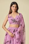 Shop_Samyukta Singhania_Purple Chiffon Printed Floral V Neck Mellow Lehenga Set _Online_at_Aza_Fashions