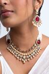 Shop_Zevar King_Red Pearls, Stones Kundan Teardrop Bloom Choker Set _at_Aza_Fashions