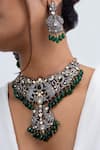 Shop_Zevar King_Green Stones, Beads Antique Gold Plated Floret Necklace Set _at_Aza_Fashions