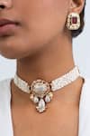 Shop_Zevar King_Multi Color Pearls, Stones Gold Plated Floral Carved Choker Set _at_Aza_Fashions
