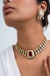 Shop_Zevar King_Red Stones, Pearls Antique Gold Plated Choker Set _at_Aza_Fashions