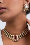 Zevar King_Red Stones, Pearls Antique Gold Plated Choker Set _Online_at_Aza_Fashions