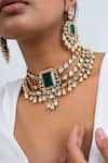 Zevar King_Green Stones, Pearls Antique Gold Choker And Earring Set _Online_at_Aza_Fashions