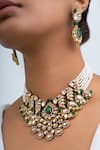 Shop_Zevar King_Green Stones, Beads Antique Gold Plated Choker Set _at_Aza_Fashions
