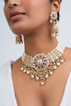 Shop_Zevar King_Blue Stones, Pearls Gold Plated Floral Choker Set _at_Aza_Fashions